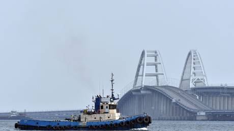 A patrol boat is seen near the Crimean Bridge, repaired after the July 17 sea drone strike by the Ukrainian Armed Forces, Republic of Crimea, Russia.