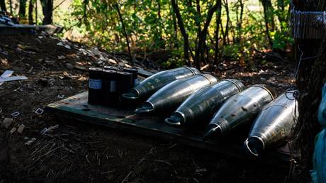 FILE PHOTO: 155mm shells at a Ukrainian artillery position.