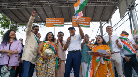 Eric Adams addresses members of the Indian community in Queens, New York City, August 17, 2024