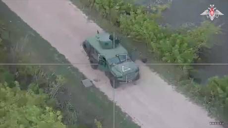 A Russian drone targeting an Italian multi-role armored fighting vehicle operated by the Ukrainian troops in Russia’s Kursk Region.