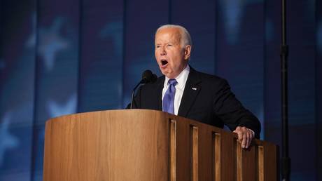 US President Joe Biden speaks at the Democratic National Convention in Chicago, Illinois, August 19, 2024.