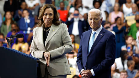 Kamala Harris and Joe Biden speak at an event in Largo, Maryland, August 15, 2024