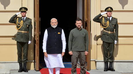 Prime Minister of India Narendra Modi and Ukrainian leader Vladimir Zelensky during official meeting in Kiev on August 23, 2024.