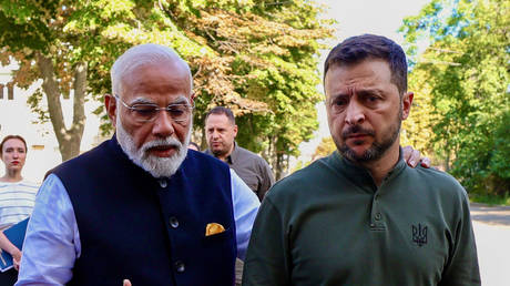 Indian Prime Minister Narendra Modi and Ukrainian leader Vladimir Zelensky at the Martyrologist Exposition in Kyiv, Ukraine, on August 23, 2024.