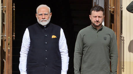 Prime Minister of India Narendra Modi and Ukrainian leader Vladimir Zelensky seen during the official meeting in Kiev on August 23, 2024.