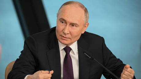 Russian President Vladimir Putin at the St. Petersburg International Economic Forum on June 05, 2024 in St.Petersburg, Russia