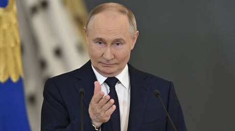 Vladimir Putin speaks after awarding the Order of St. Andrew to Indian Prime Minister Narendra Modi in Moscow, Russia, July 9, 2024