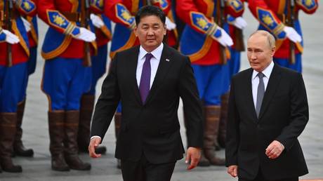 Russian President Vladimir Putin and Mongolian President Ukhnaagiin Khurelsukh at the Sukhbaatar Square in Ulaanbaatar, Mongolia.