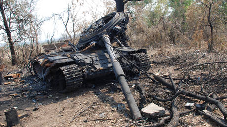 FILE PHOTO: A destroyed tank of the Ukrainian security forces.