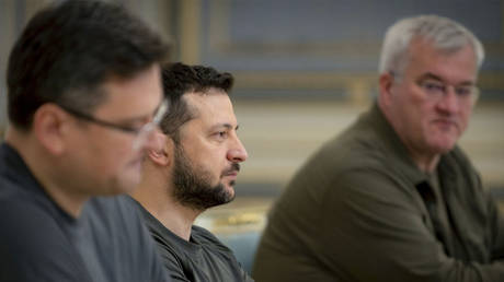 FILE PHOTO: Dmitry Kuleba (L), Vladimir Zelensky (C) and Andrey Sibiga (R) during a meeting with a French delegation.