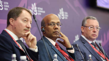 Vinay Kumar, Ambassador of India to Russia (center) at a panel session of the Eastern Economic Forum in Vladivostok on September 5, 2024.