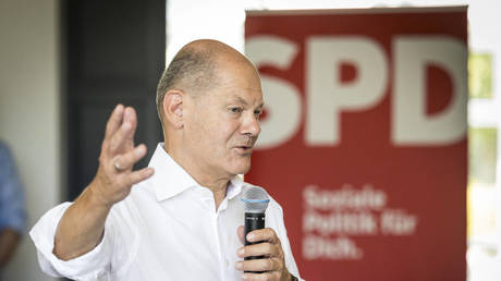 German Chancellor Olaf Scholz speaks during an SPD constituency meeting in Teltow, Germany, September 7, 2024.