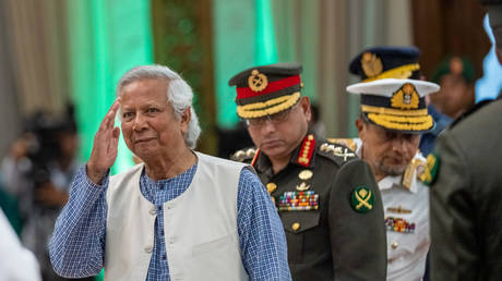 Nobel peace laureate Muhammad Yunus is taking the oath to lead Bangladesh's interim government as its chief adviser at the Bangabhaban in Dhaka, Bangladesh, on August 8, 2024,.