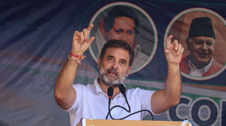 Indian Congress Party leader Rahul Gandhi speaks at an election rally in Dooru, September 4, 2024.