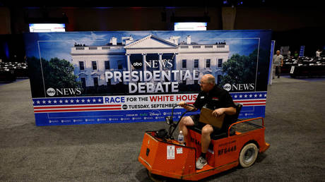 Final preparations for the ABC News Presidential Debate at the Convention Center in Philadelphia, Pennsylvania, September 9, 2024.