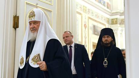 Patriarch Kirill of Moscow and all Russia, left, arrives at the United Cultures Forum in St. Petersburg, Russia on September 11, 2024.