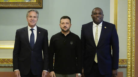 US Secretary of State Antony Blinken and UK Foreign Secretary David Lammy meet with Ukraine's Vladimir Zelensky in Kiev, September 11, 2024.