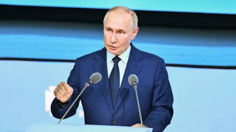 Russian President Vladimir Putin speaks during a plenary session of the 10th St. Petersburg International United Cultures Forum in St. Petersburg, Russia.