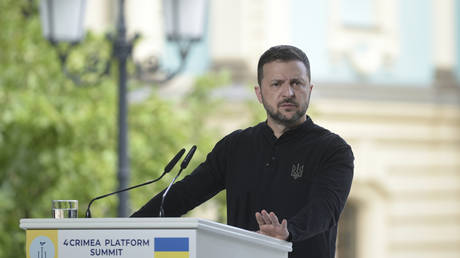 Vladimir Zelensky speaks to the media at the Fourth Crimea Platform Summit on September 11, 2024, in Kiev, Ukraine.