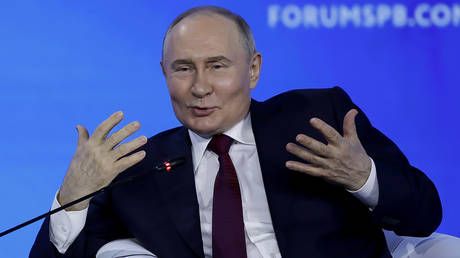 Vladimir Putin speaks during the main session of the 27th St. Petersburg International Economic Forum (SPIEF) in St. Petersburg, Russia, June 7, 2024