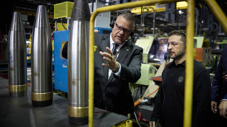 Ukrainian leader Vladimir Zelensky tours an ammunition factory in Scranton, Pennsylvania.