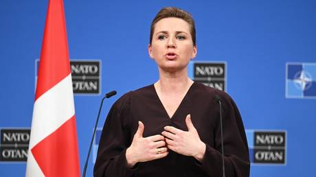 FILE PHOTO: Danish Prime Minister Mette Frederiksen at the NATO headquarters in Brussels.