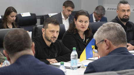 Ukraine's Vladimir Zelensky and Ukrainian Ambassador to the US Oksana Markarova visiting the Scranton Army Ammunition Plant in Scranton, Pennsylvania, September 22, 2024