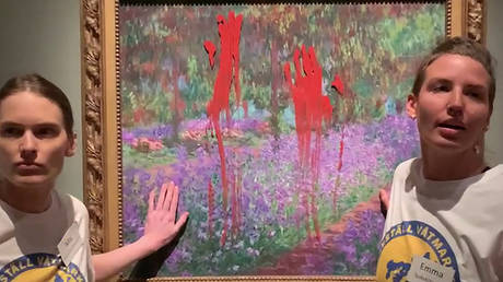 Two activists standing next to the painting 'The Artist's Garden at Giverny' (1900) by French artist Claude Monet (1840-1926) after having smeared paint on it at the National Museum in Stockholm, Sweden.