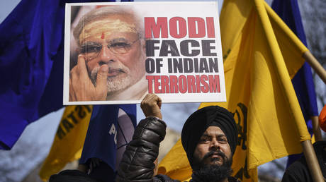 Members of Sikhs For Justice rally against Prime Minister of India Narendra Modi in Lafayette Square across the street from the White House on February 18, 2020 in Washington, DC.