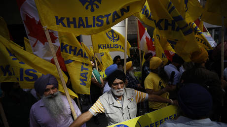 Demonstrators gather in support of Khalistan, an advocated independent Sikh homeland, during a Sikh rally outside the Consulate General of India, in Toronto, Ontario, Canada, on September 25, 2023, following the murder of Sikh separatist Hardeep Singh Nijjar.