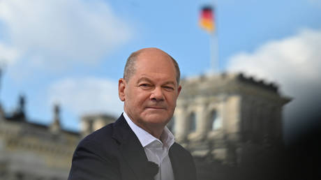 German Chancellor Olaf Scholz looks on before the recording of the traditional summer interview with German public broadcaster ARD, near the Reichstag building in Berlin, Germany on June 23, 2024.