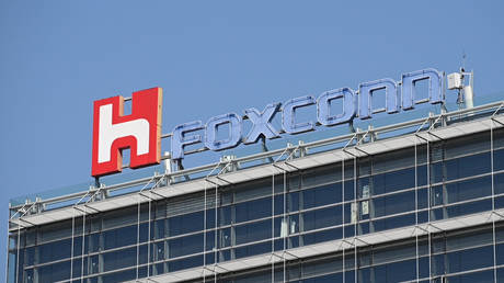 The Foxconn logo is displayed on a Foxconn building in Taipei on January 31, 2019.