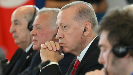 Turkish President Recep Tayyip Erdogan (C) at the G7 Summit in Savelletri near Bari, Italy, on June 14, 2024