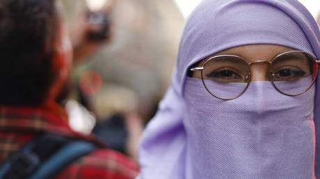 FILE PHOTO: A woman wearing a purple niqab.