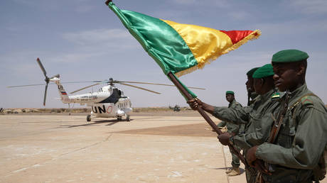 FILE PHOTO: Malian soldiers hold the country's national flag.