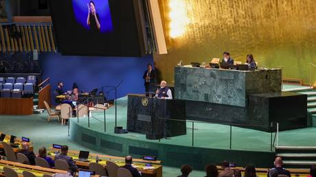 Indian Prime Minister Narendra Modi addresses the 'Summit of the Future' at the UN General Assembly in New York on September 23, 2024.