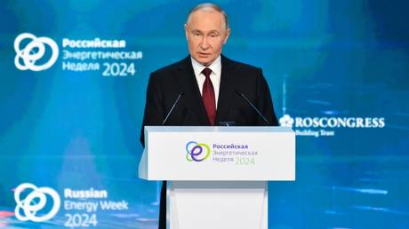 Russian President Vladimir Putin speaks during a plenary session of the 2024 Russian Energy Week International Forum in Moscow.