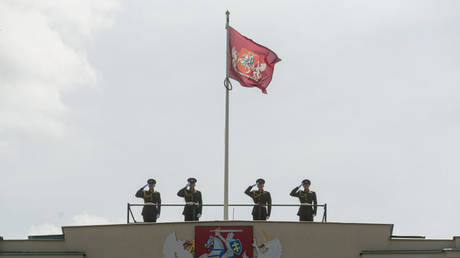 Lithuanian soldiers during a flag ceremony at the presidential palace in Vilnius, Lithuania, July 12, 2024.