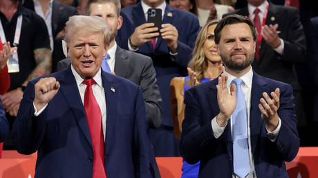 Republican presidential candidate, Donald Trump and Republican VP, US Sen. J.D. Vance at the Republican National Convention on July 15, 2024 in Milwaukee, Wisconsin.