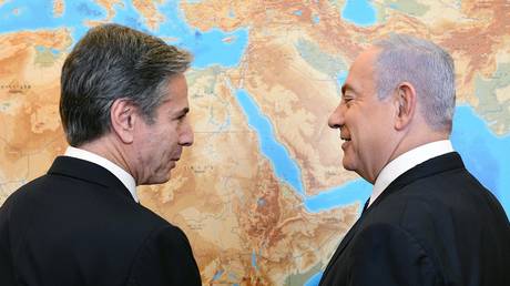 FILE PHOTO: US Secretary of State Antony Blinken meets Israeli Prime Minister Benjamin Netanyahu in 2021.