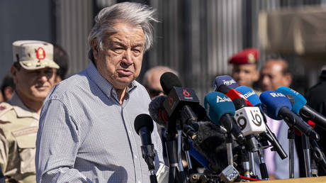 File photo: UN Secretary-General Antonio Guterres speaks during a press conference in front of the Rafah border crossing on March 23, 2024.