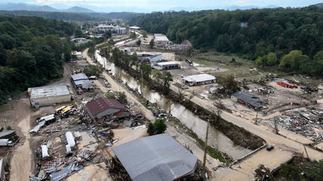 An aerial view of flood damage wrought by Hurricane Helene along the Swannanoa River in Asheville, North Carolina, October 3, 2024