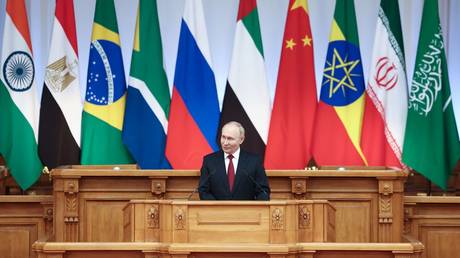 FILE PHOTO. Russian President Vladimir Putin speaking at the plenary session of the 10th BRICS Parliamentary Forum.