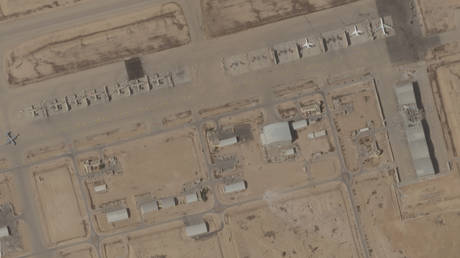 FILE PHOTO: Satellite image taken by Planet Labs PBC, showing a damaged hangar at Israel's Nevatim Air Base on October 2, 2024