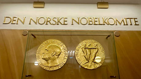 The medal for the Nobel Peace Prize displayed at the Norwegian Nobel Institute in Oslo, Norway.