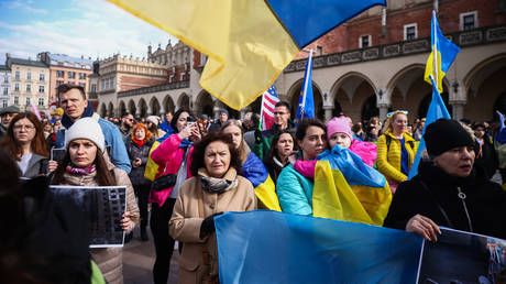 FILE PHOTO: Ukrainian refugees staging a protest in Krakow, Poland.