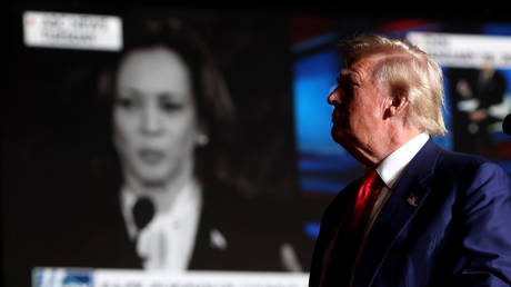 Donald Trump shows a video of Kamala Harris during a campaign rally in Las Vegas, Nevada, September 13, 2024