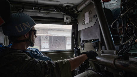 A Spanish soldier deployed with UNIFIL patrols along the Israel-Lebanon border near Kfarkela, Lebanon, April 26, 2024