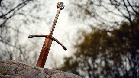 FILE PHOTO: Replica of legendary 'sword in the stone' near Llangorse Lake, Brecon Beacons, Wales, UK.