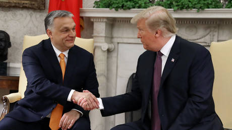 FILE PHOTO: Then-US President Donald Trump shakes hands with Hungarian Prime Minister Viktor Orban during a meeting in the Oval Office, Washington, DC, May 13, 2019.